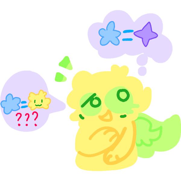 A drawing of a yellow person with green eyes and wings. There is a purple speech bubble by their mouth and a purple thought bubble above their head. In the speech bubble there is a blue rounded star and a drawing of the yellow persons face. there is a equal sign between them. Under that are red question marks. In the thought bubble there is a blue rounded star and a spiky dark purple star. there is a equal sign inbetween them.